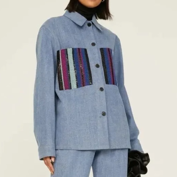 Benjamin Benmoyal Cassette Overshirt Striped Denim Oversized Shirt Jacket Top Bl - Picture 2 of 11